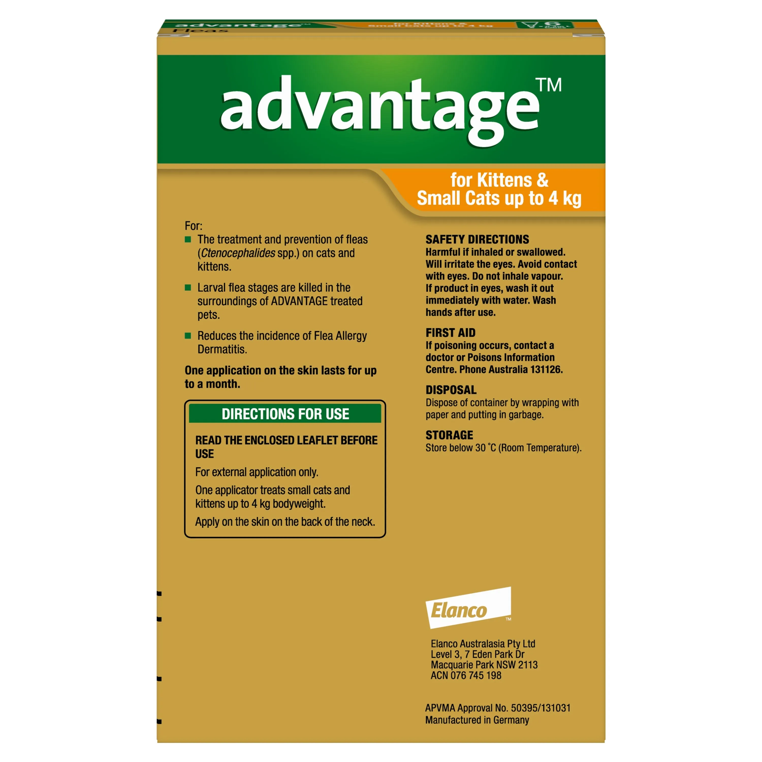 Advantage Flea Treatment for Cats 0-4kg Orange 6 Pack^^^