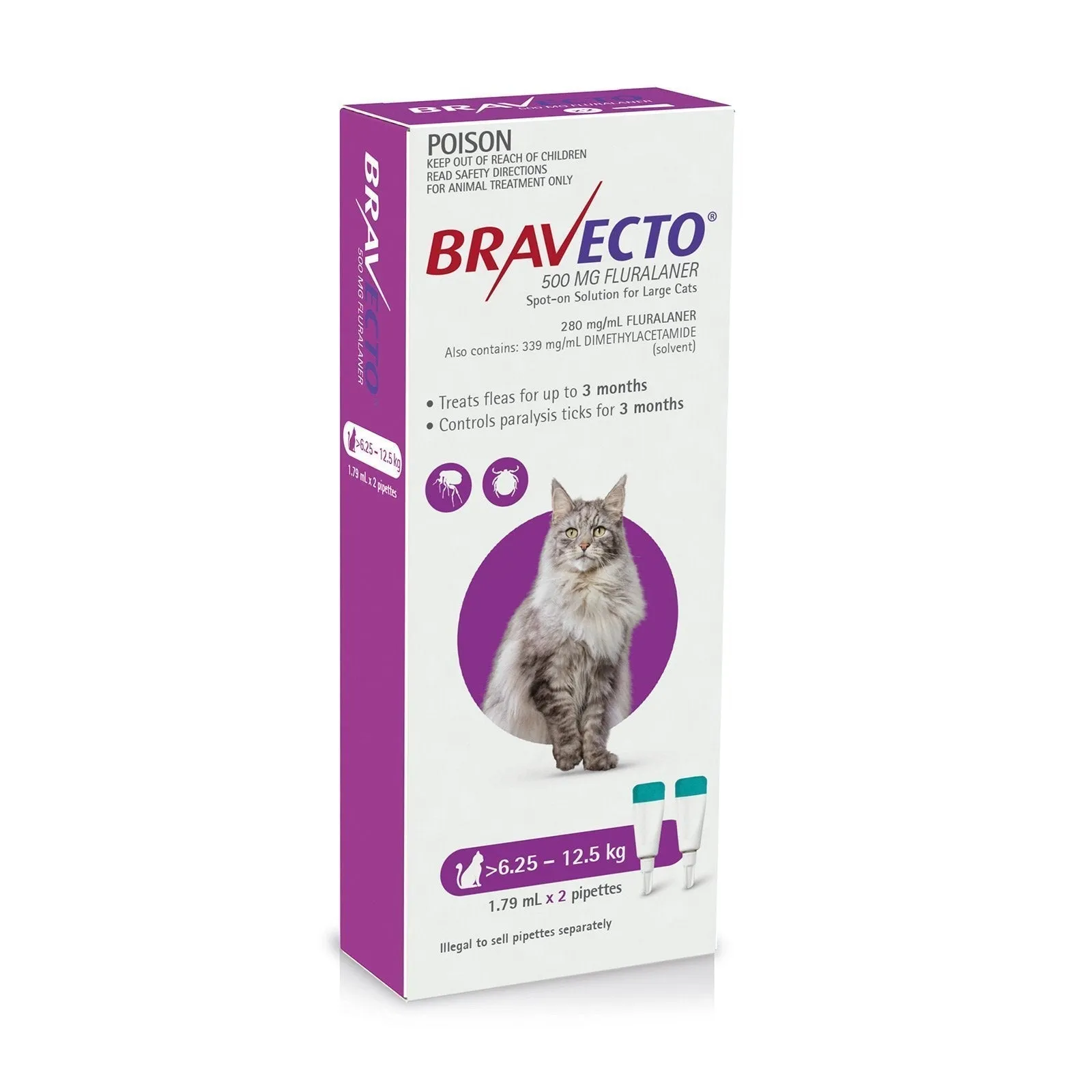 Bravecto Spot-On 3 Monthly Flea Treatment for Cats 6.25-12.5kg Purple^^^