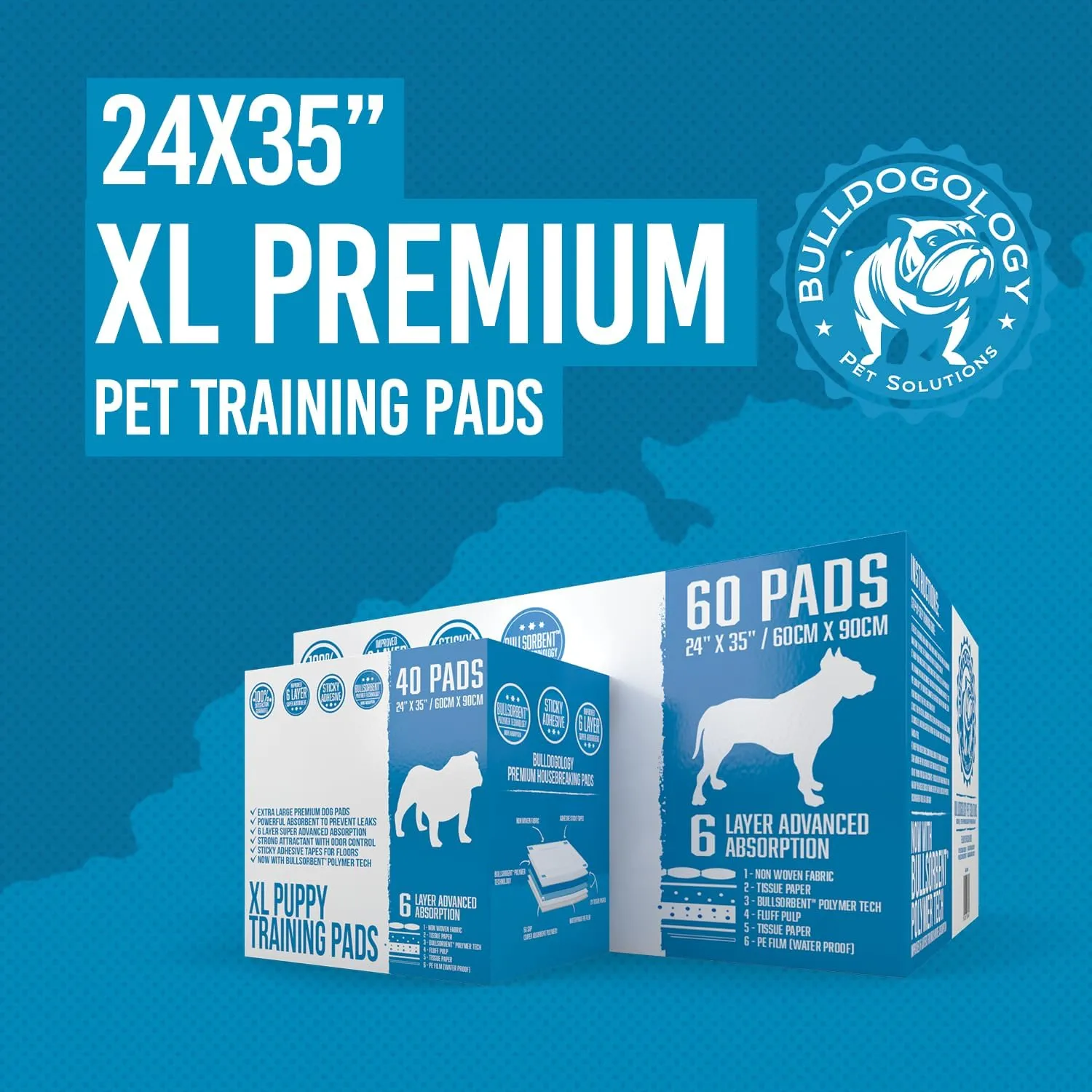 Bulldogology Pee Pads for Dogs XL with Adhesive Sticky Tape (24x35) Dog Puppy Pads Extra Large, Disposable Puppy Pads, Dog Training Wee Pads 6 Layers with Bullsorbent Polymer Tech (40-Count, White)