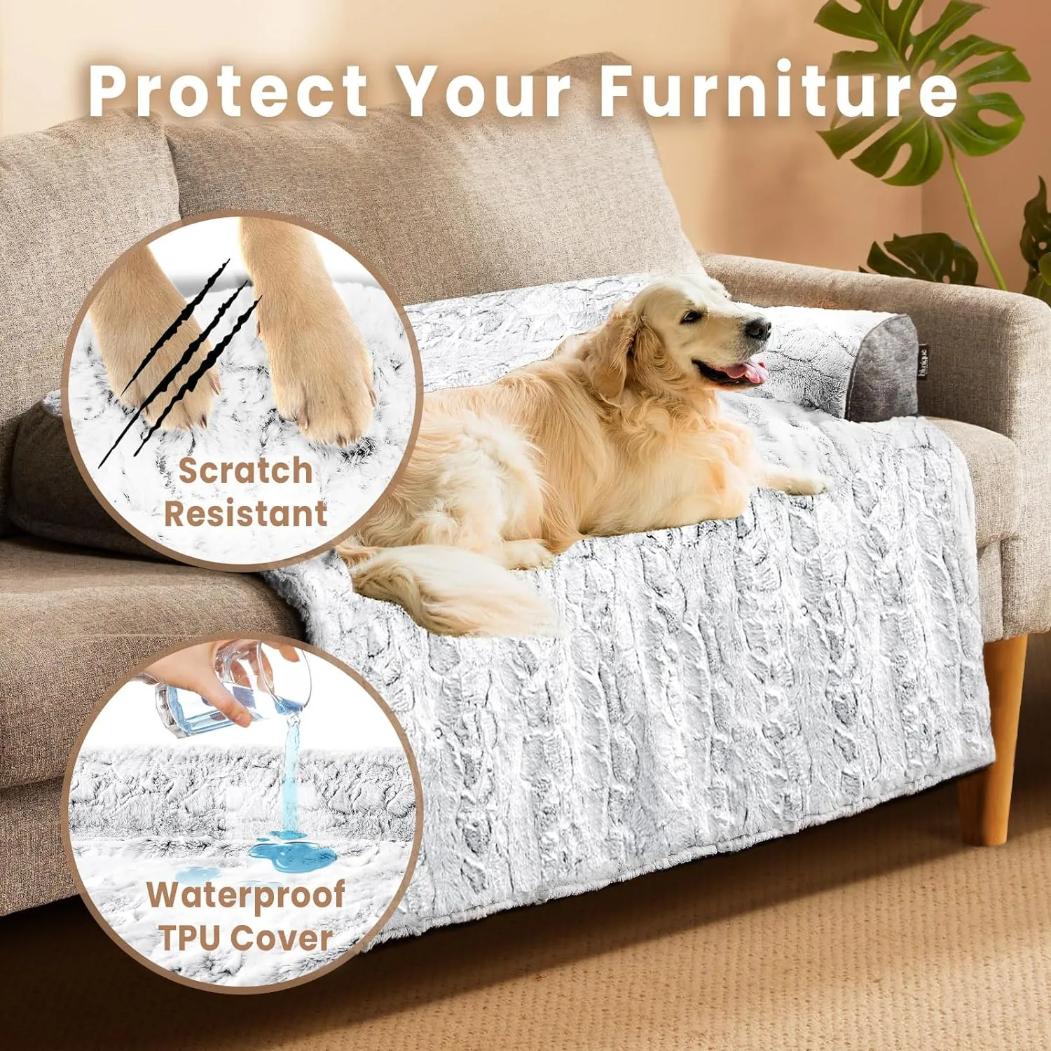 Calming Large Dog Bed for Couch, 41 x 37 inch Removable Couch Cover for Dogs Washable, Non-Slip Fluffy Plush Dog Sofa Mat for Furniture Protector - Grey