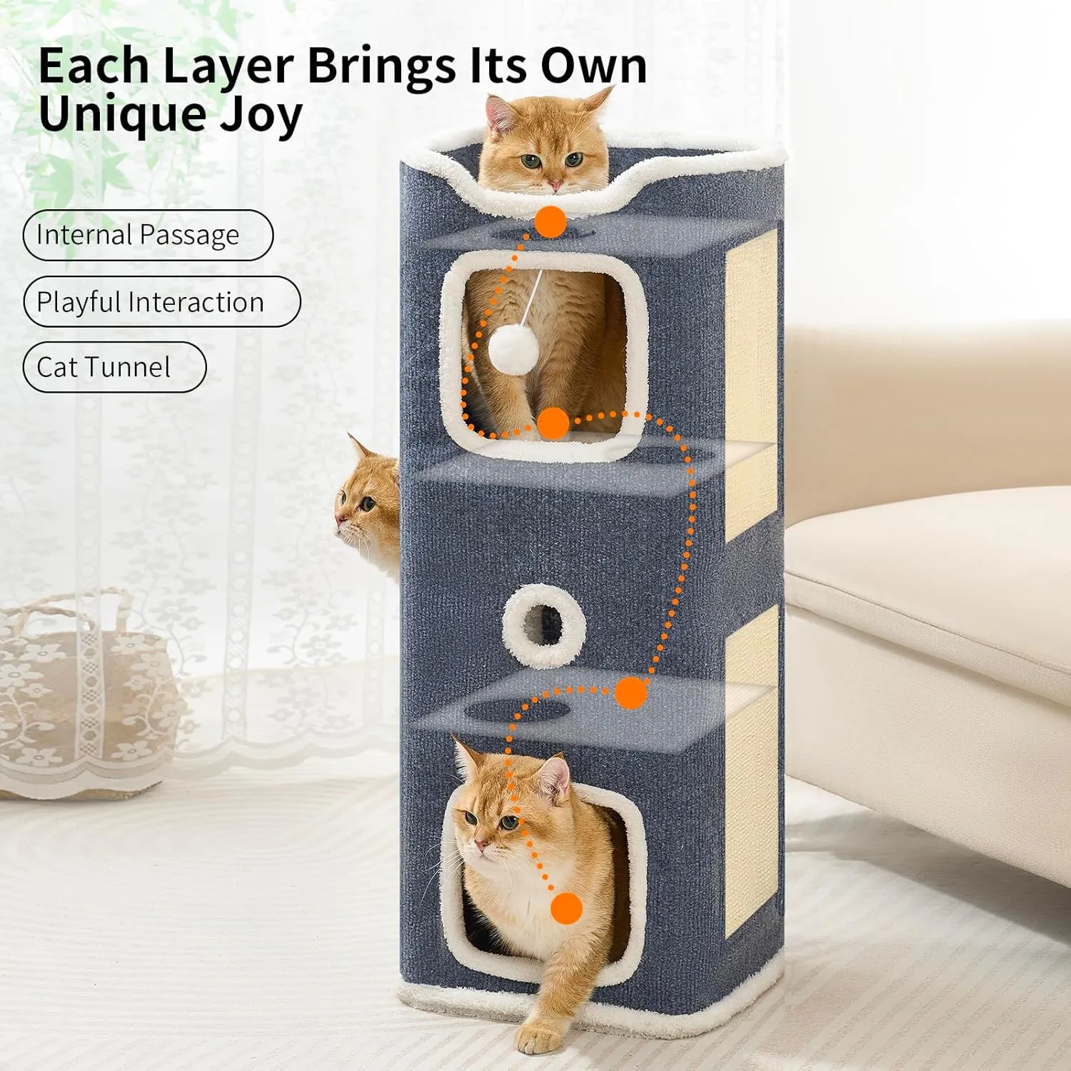 Cat Beds for Indoor Cats, Cat House 3-Story, Cat Condo with Stable Frame and Large Scratch Pad, 34'' Durable Pet Cube Playhouse with Dangling Balls, Perfect for Multiple Pets