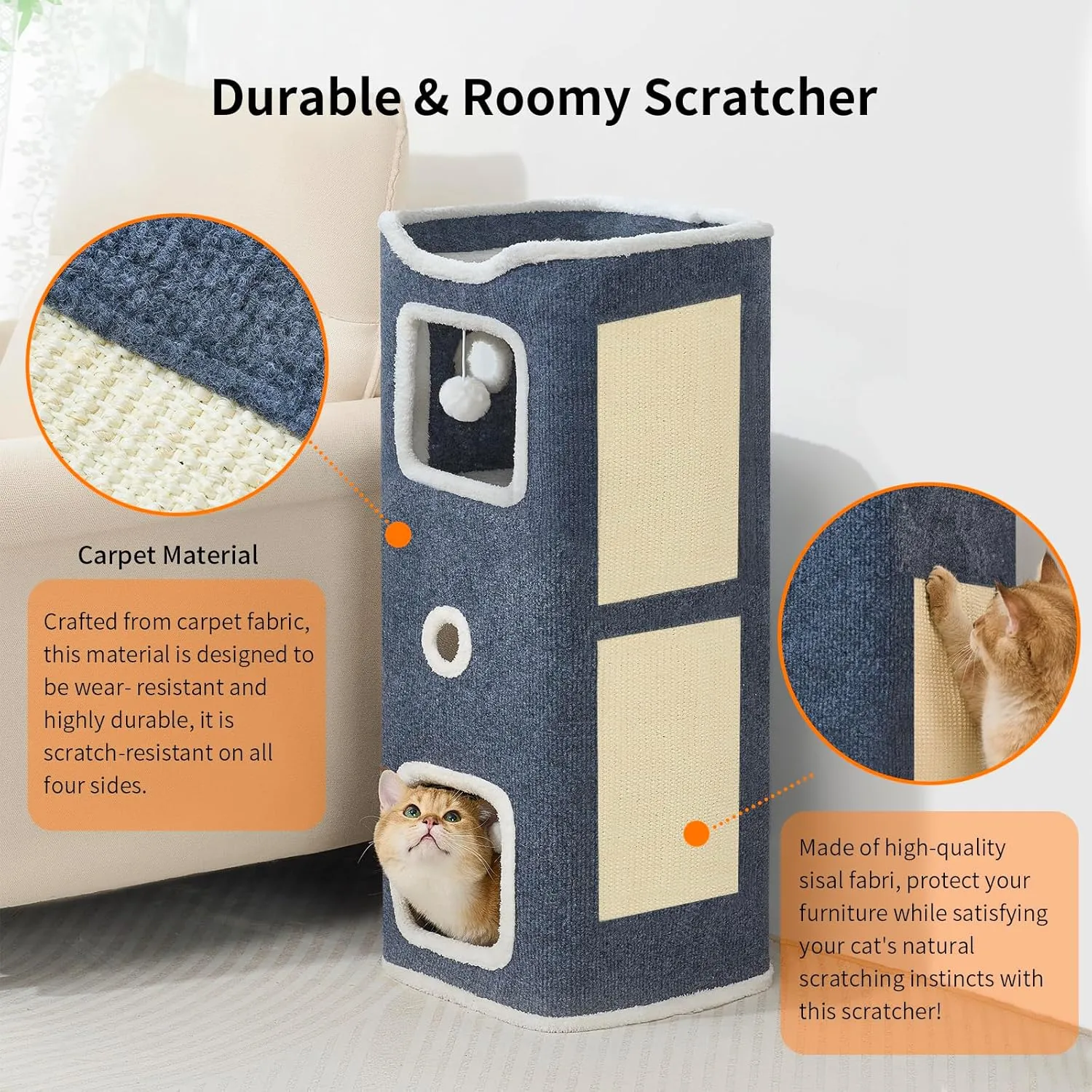 Cat Beds for Indoor Cats, Cat House 3-Story, Cat Condo with Stable Frame and Large Scratch Pad, 34'' Durable Pet Cube Playhouse with Dangling Balls, Perfect for Multiple Pets