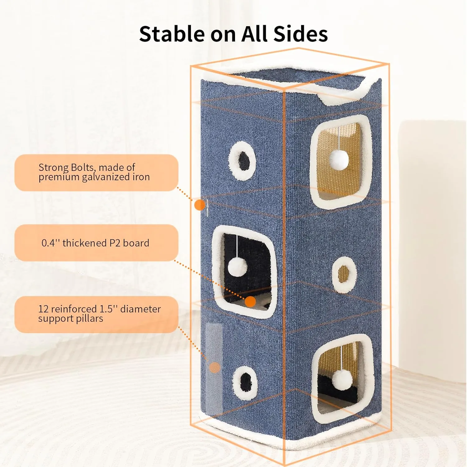 Cat Beds for Indoor Cats, Cat House 3-Story, Cat Condo with Stable Frame and Large Scratch Pad, 34'' Durable Pet Cube Playhouse with Dangling Balls, Perfect for Multiple Pets