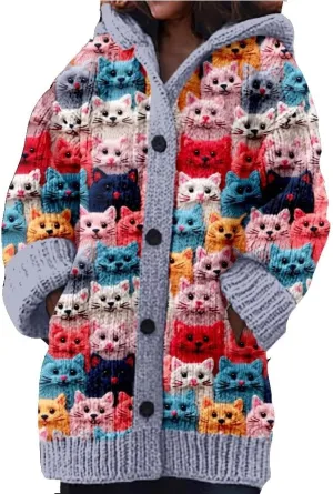 Cute Cat Pattern Knit Hooded Cardigan Cat Sweaters for Women Hooded Cardigan for Women Cat Lover Gift