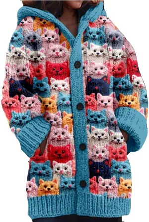 Cute Cat Pattern Knit Hooded Cardigan Cat Sweaters for Women Plus Size Cat Lover Gift Cardigan for Women