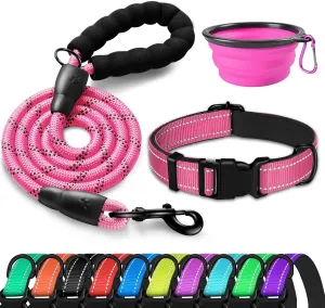 Dog Collar and Leash - Soft Neoprene Padded, Reflective, Adjustable Nylon Dog Collars with Quick Release Buckle for Small, Medium, Large Dogs with Collapsible Pet Bowl