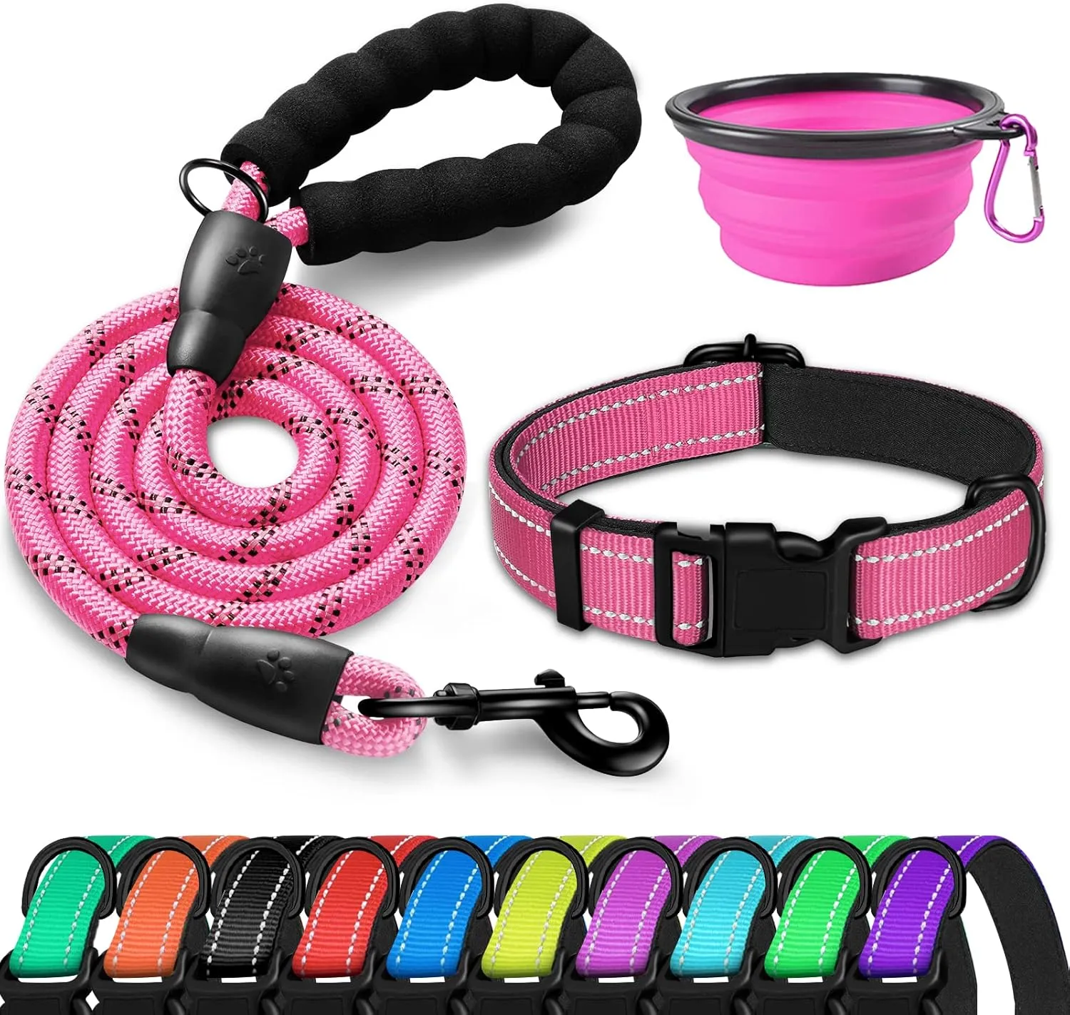 Dog Collar and Leash - Soft Neoprene Padded, Reflective, Adjustable Nylon Dog Collars with Quick Release Buckle for Small, Medium, Large Dogs with Collapsible Pet Bowl