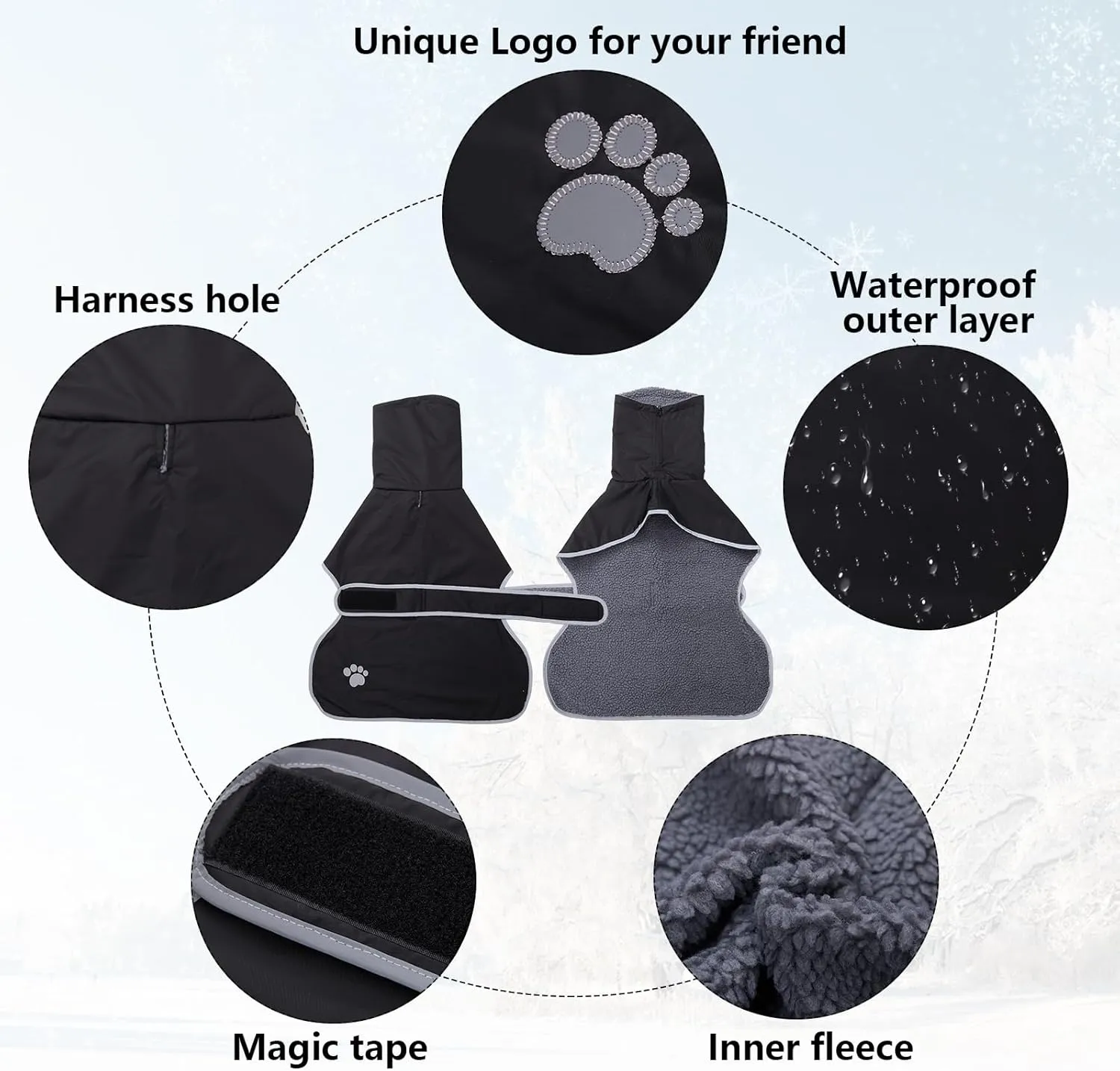 Geyecete Dog Winter Coat Geyecete Greyhound Raincoat Fabric with Lamb Velvet Inside Outdoor Dog Apparel with Adjustable Bands for Medium, Large Dog-Black-S