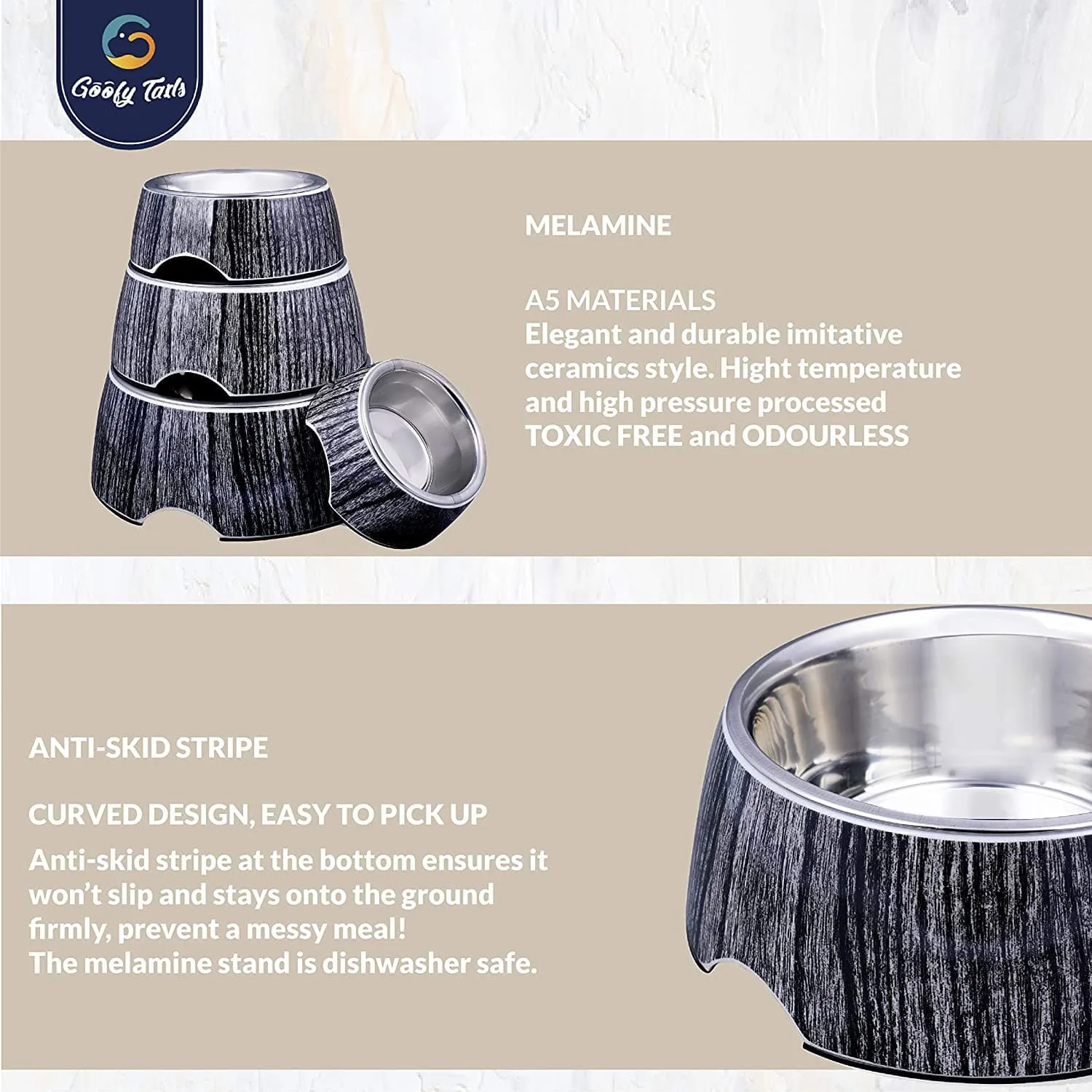 Goofy Tails Stainless Steel and Melamine Wooden Print Designer Food Bowl For Cats