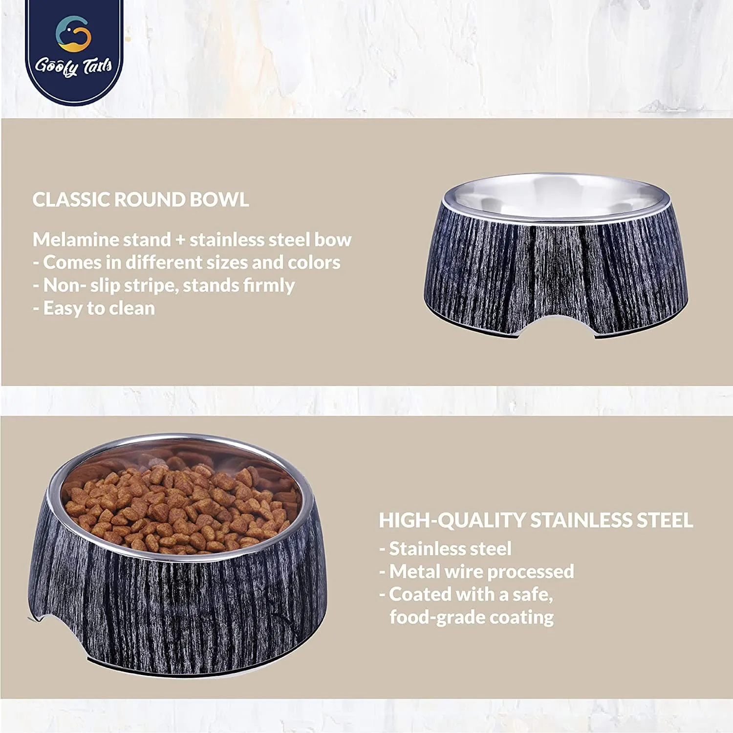 Goofy Tails Stainless Steel and Melamine Wooden Print Designer Food Bowl For Cats