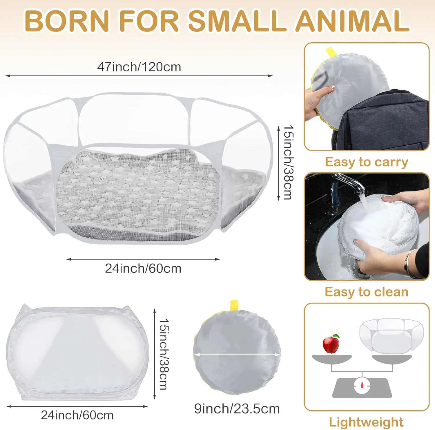 Hamster Playpen with Mat Small Animal Cage Tent Breathable Transparent Guinea Pig Playpen Waterproof Portable Yard Fence Mat Foldable Exercise Playpen Outdoor Indoor (Gray,Star)