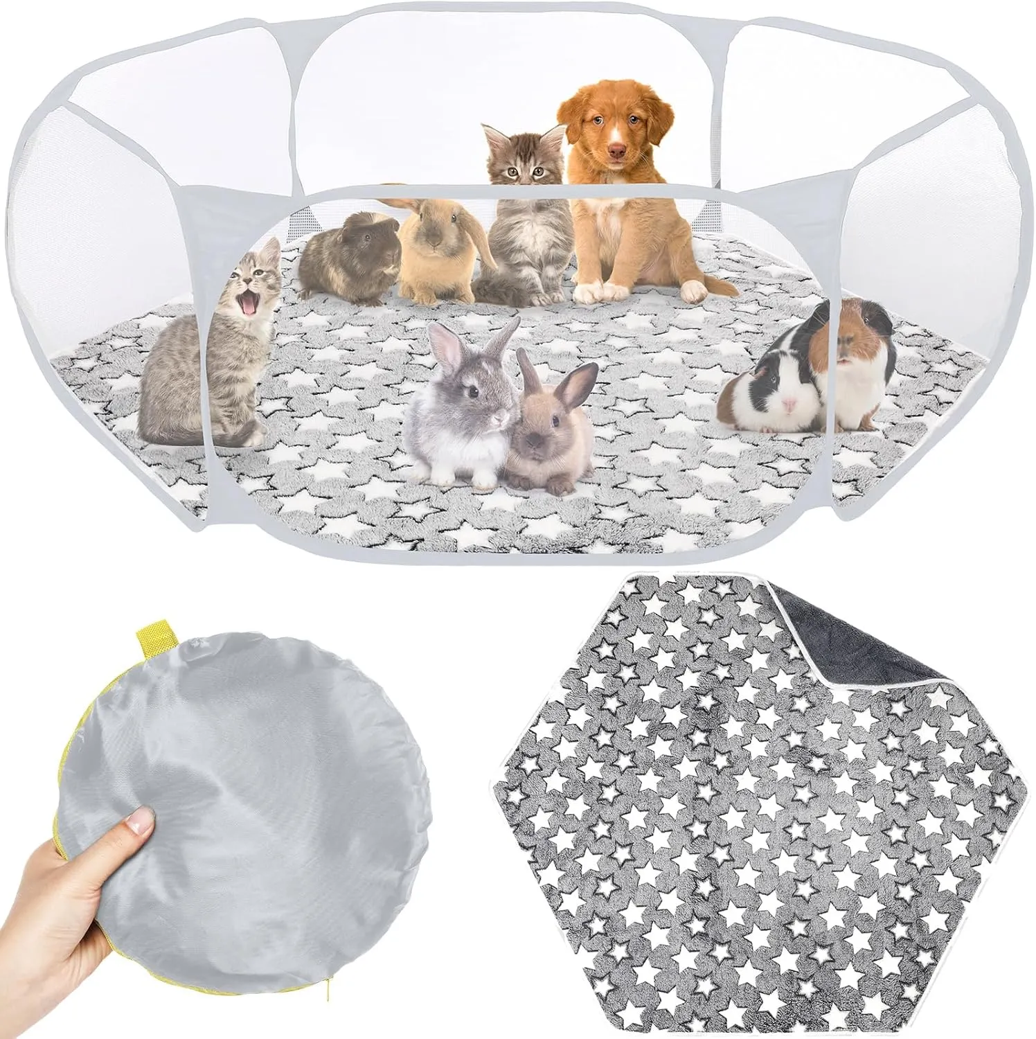 Hamster Playpen with Mat Small Animal Cage Tent Breathable Transparent Guinea Pig Playpen Waterproof Portable Yard Fence Mat Foldable Exercise Playpen Outdoor Indoor (Gray,Star)
