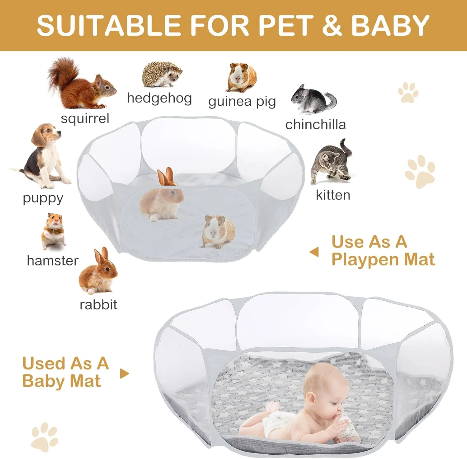 Hamster Playpen with Mat Small Animal Cage Tent Breathable Transparent Guinea Pig Playpen Waterproof Portable Yard Fence Mat Foldable Exercise Playpen Outdoor Indoor (Gray,Star)