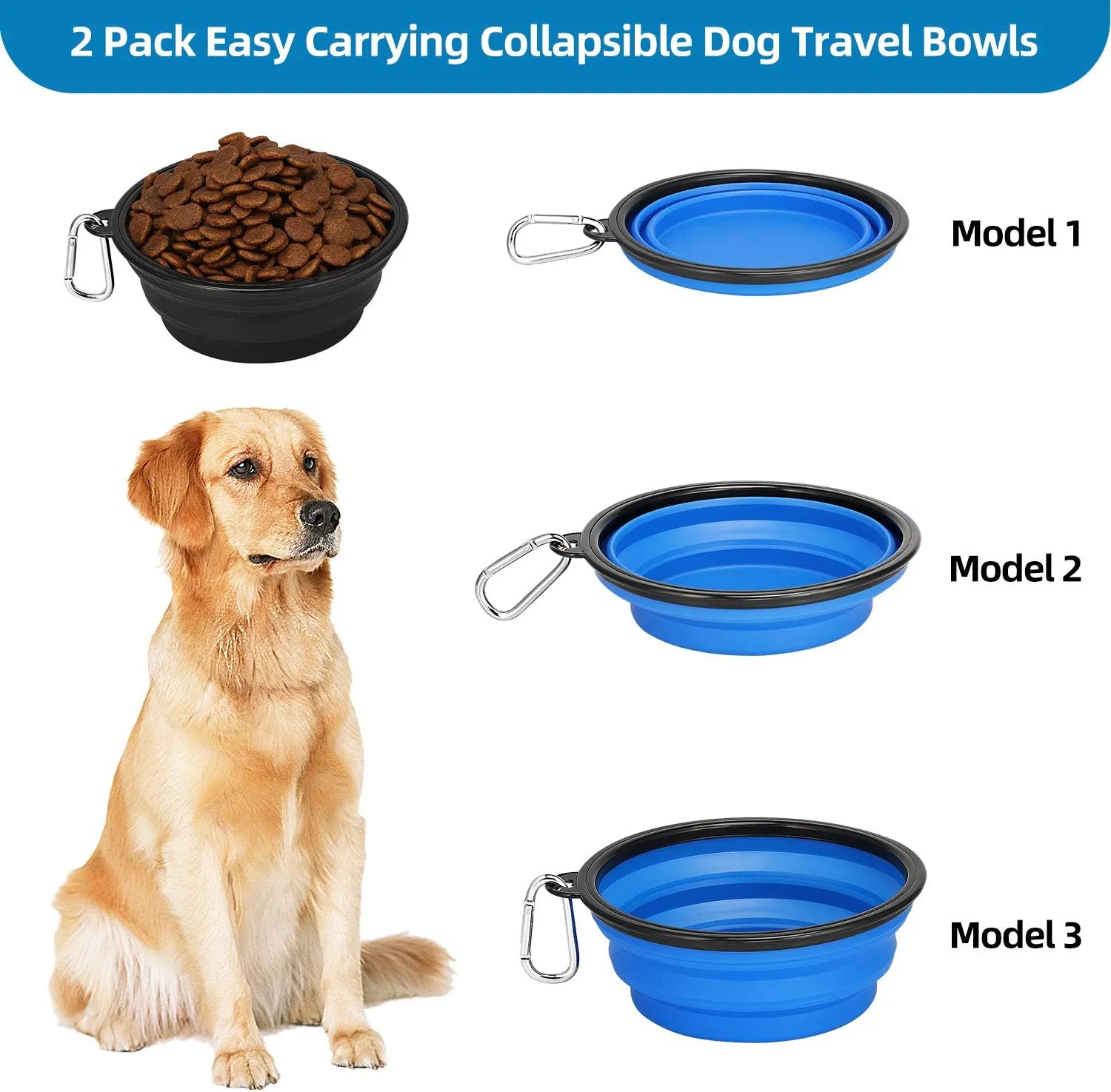 Kytely Large Collapsible Dog Bowls 2 Pack, 34oz Foldable Dog Travel Bowl, Portable Pet Water Food Bowl with Clasp, Pet Cat Feeding Cup Dish for Traveling, Walking, Hiking (Black Blue)