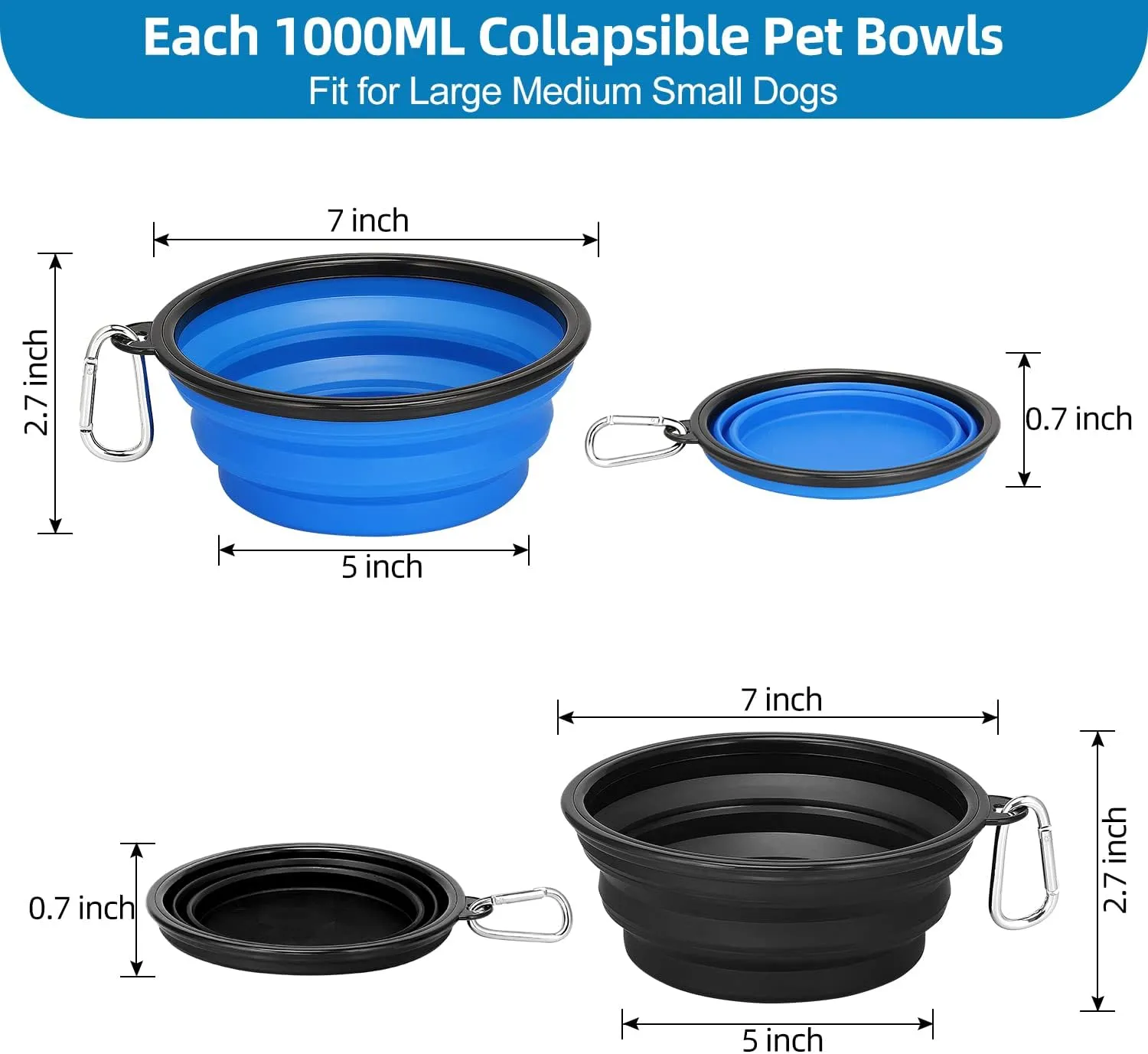 Kytely Large Collapsible Dog Bowls 2 Pack, 34oz Foldable Dog Travel Bowl, Portable Pet Water Food Bowl with Clasp, Pet Cat Feeding Cup Dish for Traveling, Walking, Hiking (Black Blue)