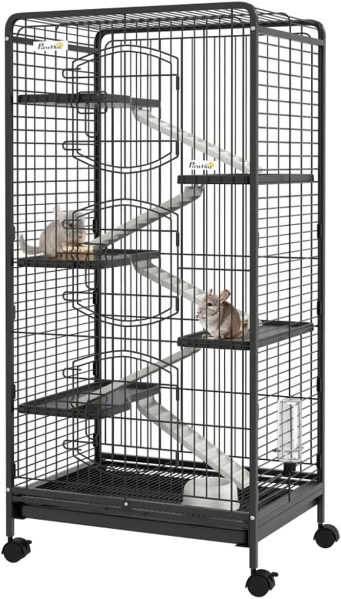 Multi-Level Small Animal Cage with Removable Tray, Rolling Wheels for Dwarf Rabbits, Pet Minks, Chinchillas (Black)