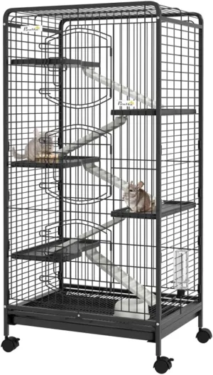 Multi-Level Small Animal Cage with Removable Tray, Rolling Wheels for Dwarf Rabbits, Pet Minks, Chinchillas (Black)