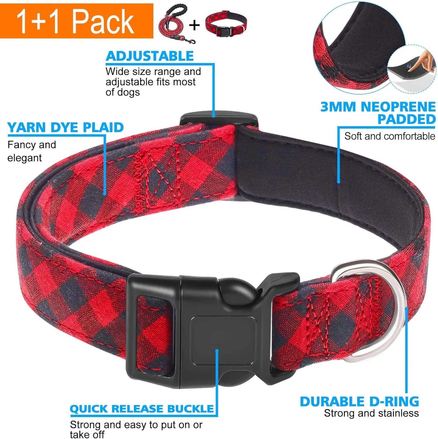 Reflective Dog Collar Padded with Soft Neoprene Breathable Adjustable Nylon Dog Collars for Small Medium Large Dogs (Medium (Pack of 1), Red Plaid Collar Leash)
