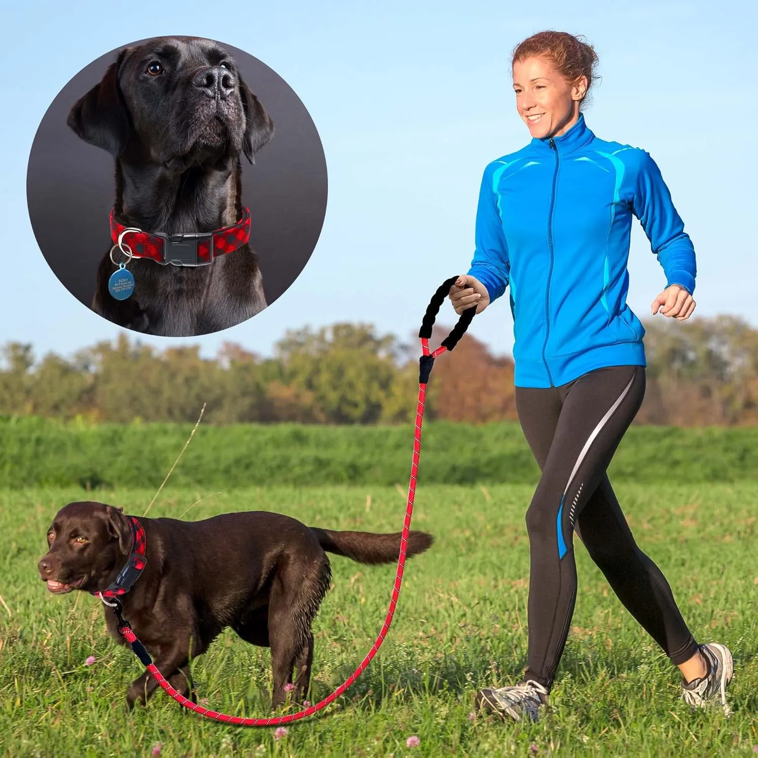 Reflective Dog Collar Padded with Soft Neoprene Breathable Adjustable Nylon Dog Collars for Small Medium Large Dogs (Medium (Pack of 1), Red Plaid Collar Leash)