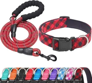 Reflective Dog Collar Padded with Soft Neoprene Breathable Adjustable Nylon Dog Collars for Small Medium Large Dogs (Medium (Pack of 1), Red Plaid Collar Leash)
