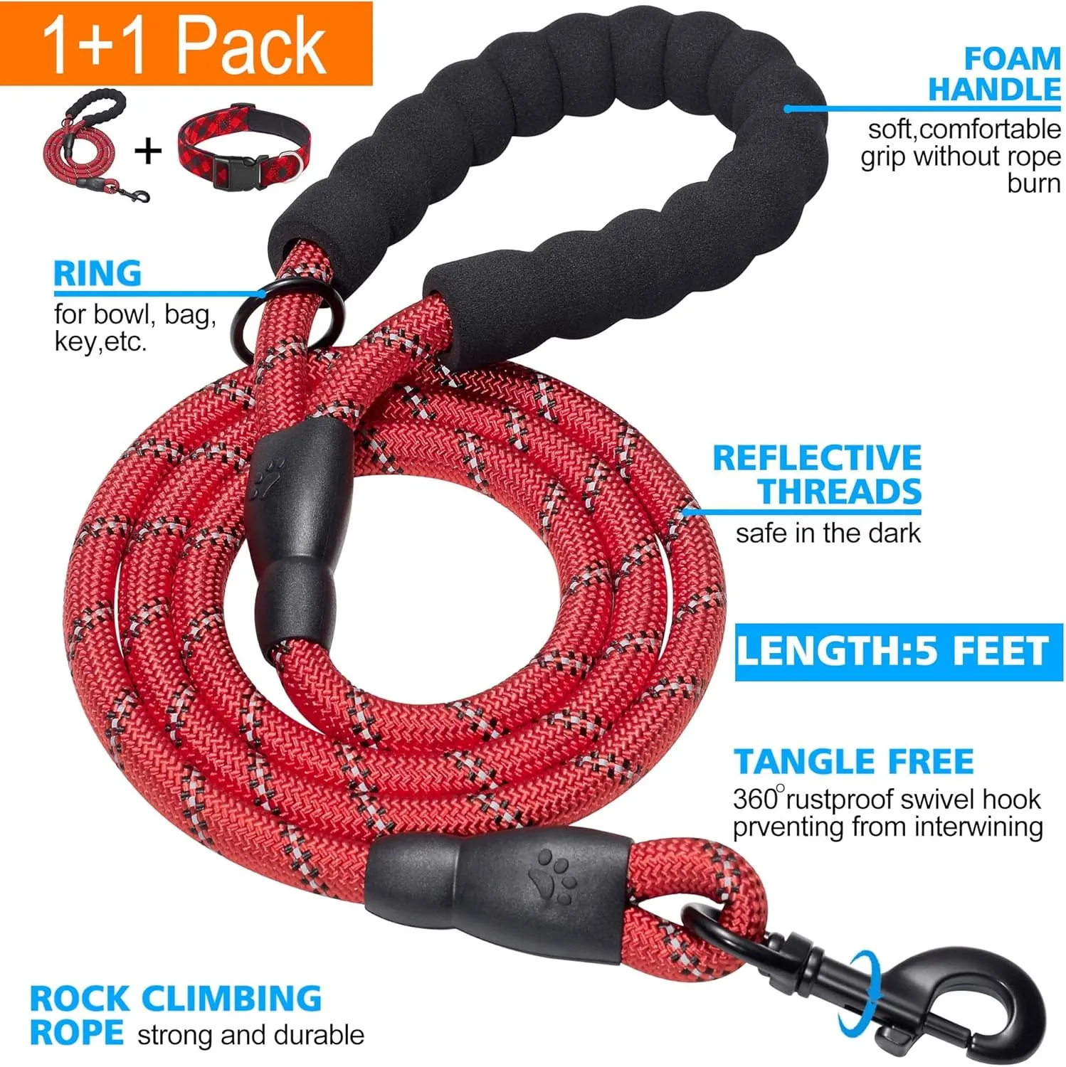 Reflective Dog Collar Padded with Soft Neoprene Breathable Adjustable Nylon Dog Collars for Small Medium Large Dogs (Medium (Pack of 1), Red Plaid Collar Leash)