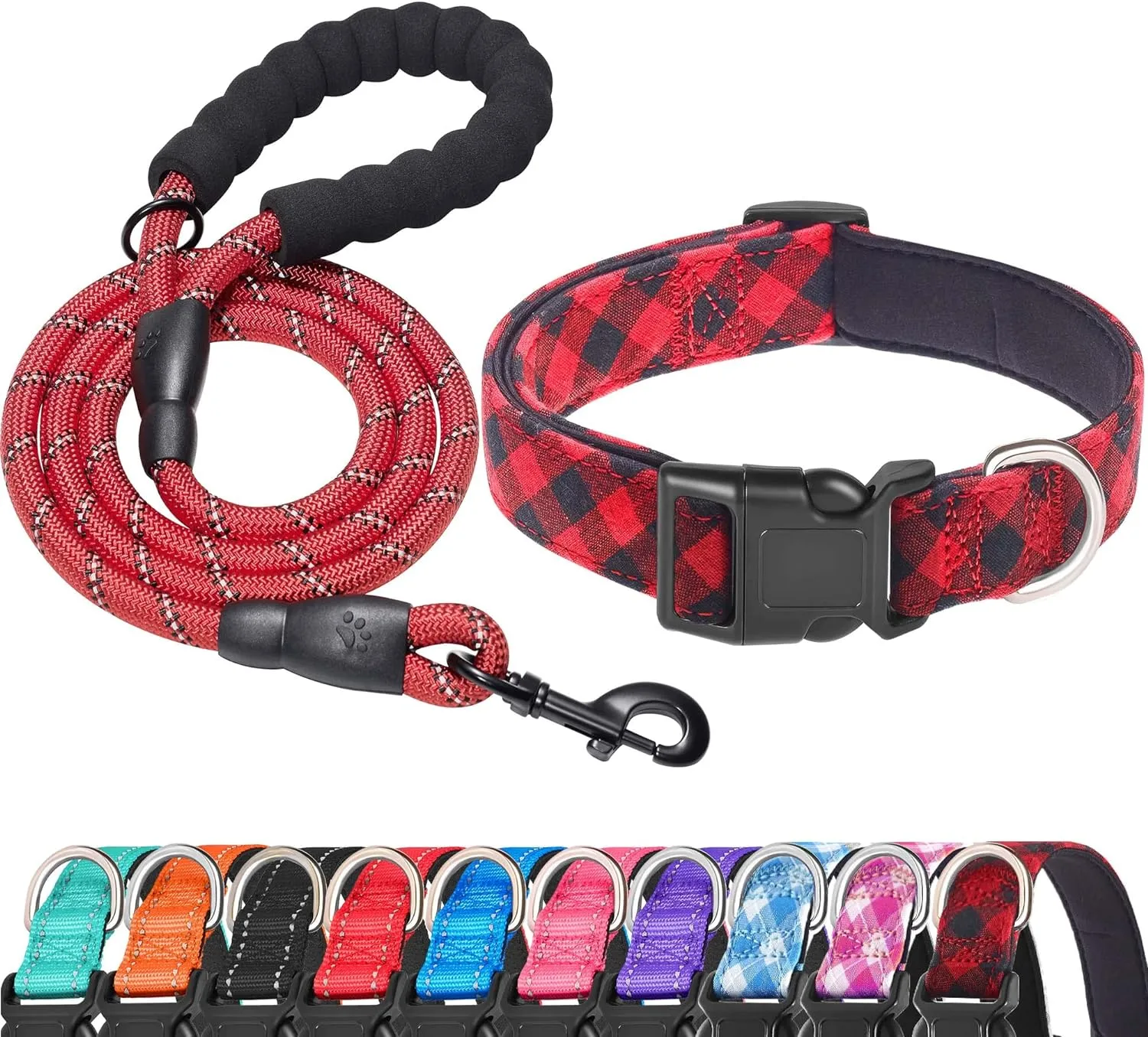 Reflective Dog Collar Padded with Soft Neoprene Breathable Adjustable Nylon Dog Collars for Small Medium Large Dogs (Medium (Pack of 1), Red Plaid Collar Leash)