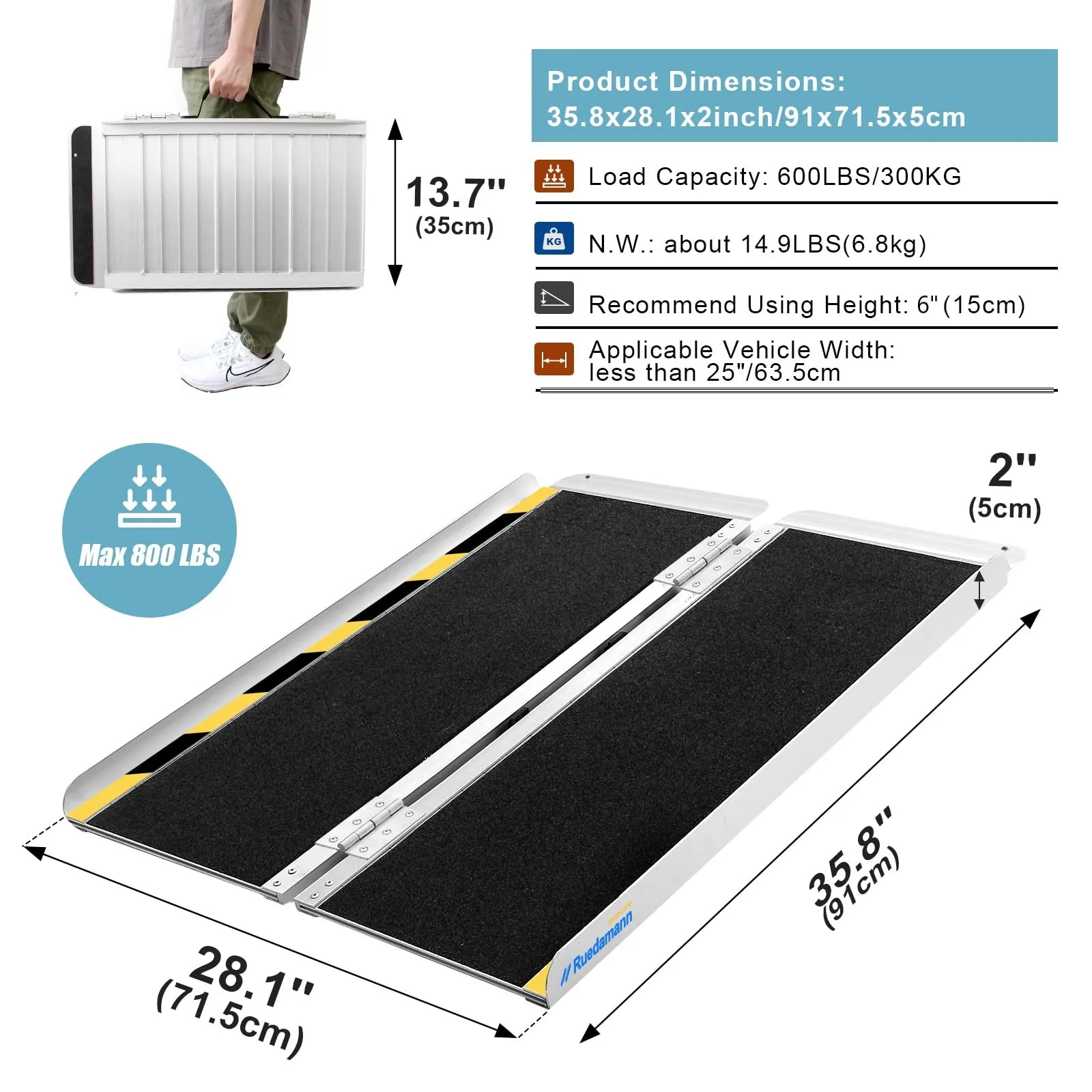 Ruedamann® Foldable Aluminum Wheelchair Ramp with Non-Slip Surface