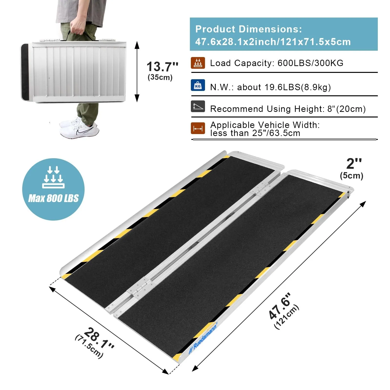Ruedamann® Foldable Aluminum Wheelchair Ramp with Non-Slip Surface