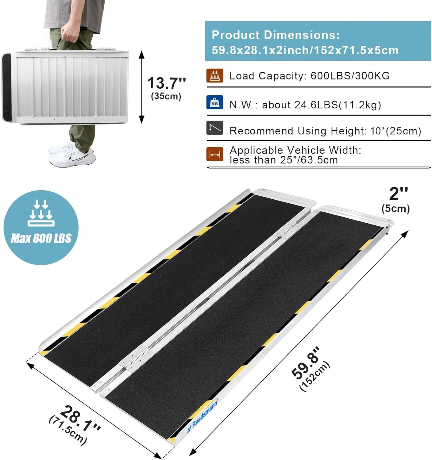 Ruedamann® Foldable Aluminum Wheelchair Ramp with Non-Slip Surface