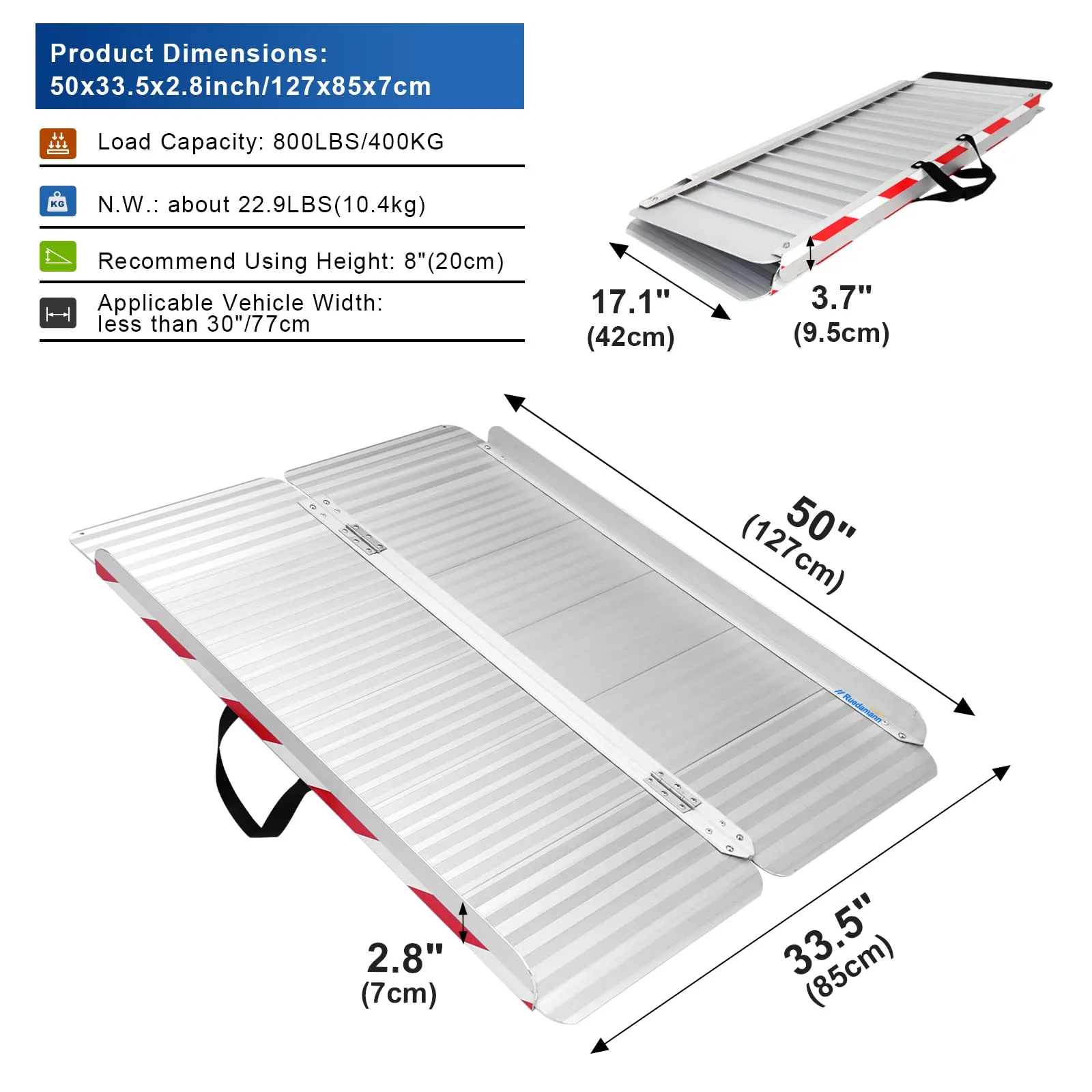 Ruedamann® Wheelchair Ramp Durable Aluminum with Anti-Slip and  Foldable
