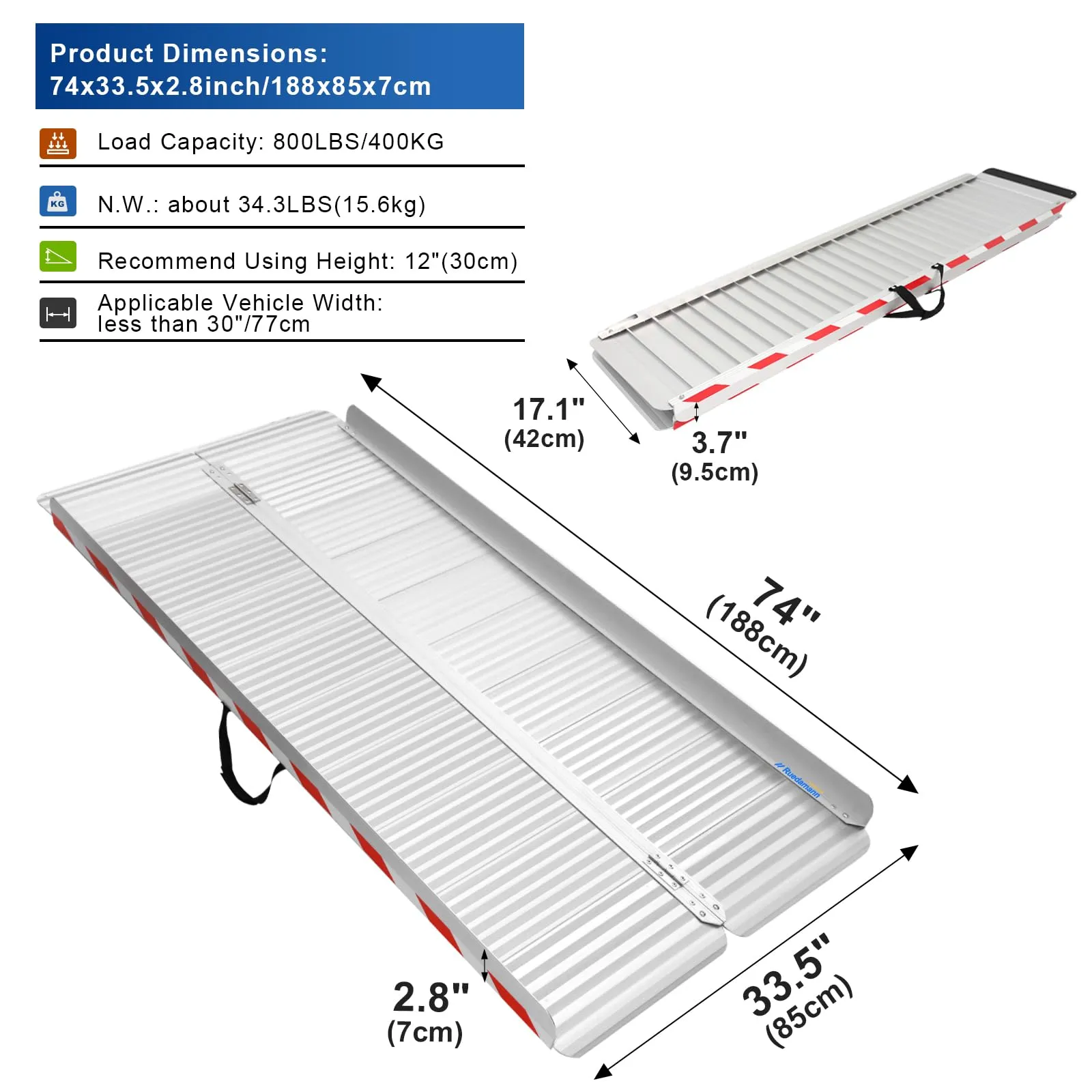 Ruedamann® Wheelchair Ramp Durable Aluminum with Anti-Slip and  Foldable