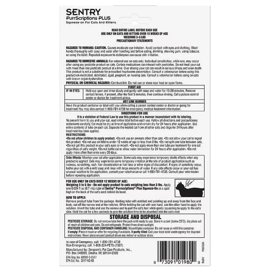 Sentry PurrScriptions Squeeze on Flea & Tick Treatment for Cats 5lbs and under