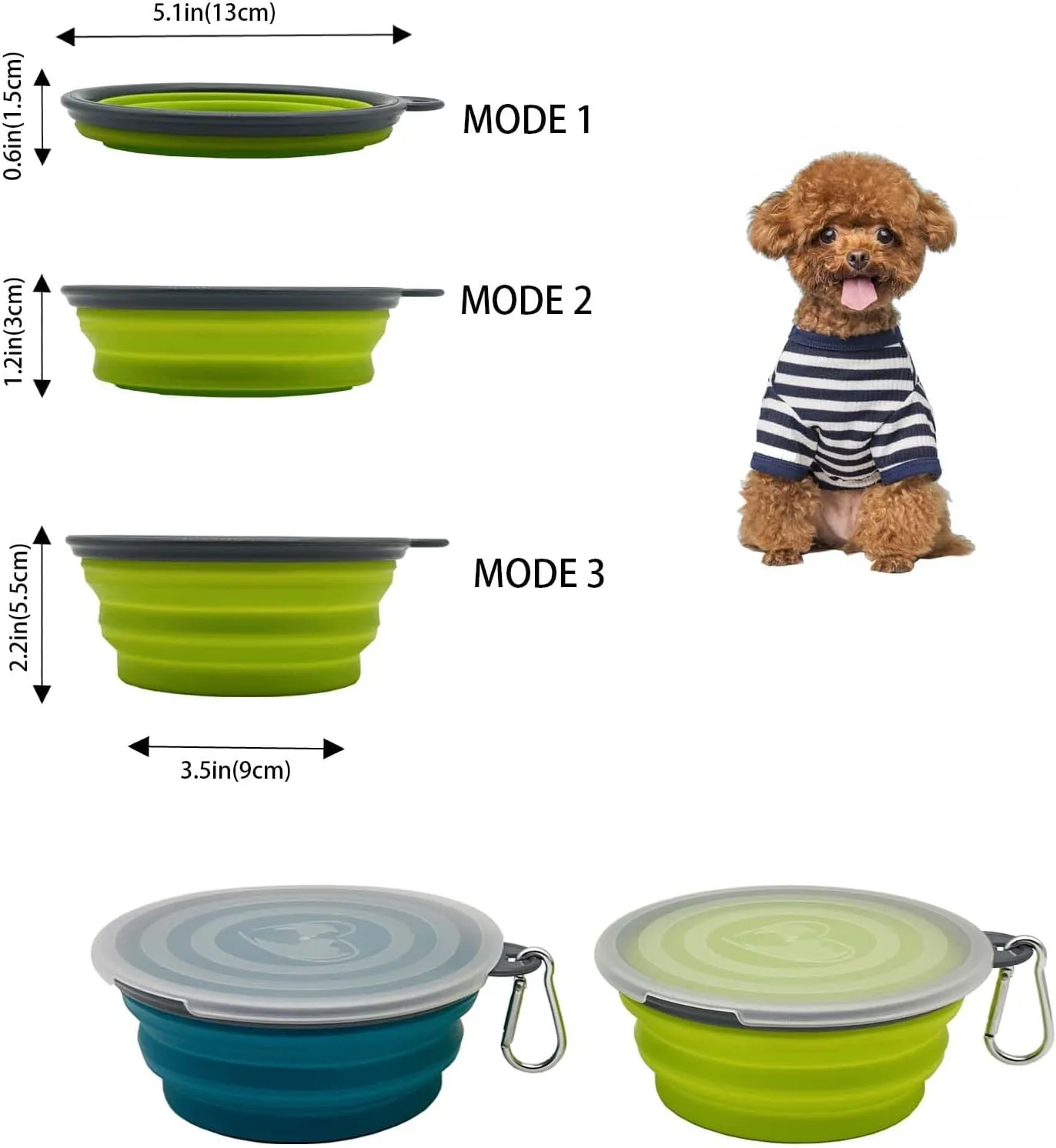 Small Collapsible Dog Bowl 12oz,2 Pack Portable and Foldable Pet Travel Bowls with 2 Carabiners & Lids for Dogs Cats and Small Animals (Blue Green Grey, 350ml)