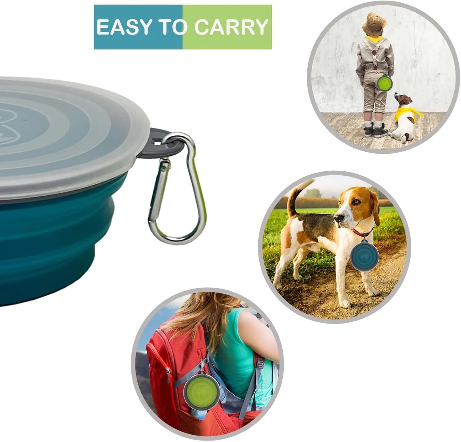 Small Collapsible Dog Bowl 12oz,2 Pack Portable and Foldable Pet Travel Bowls with 2 Carabiners & Lids for Dogs Cats and Small Animals (Blue Green Grey, 350ml)