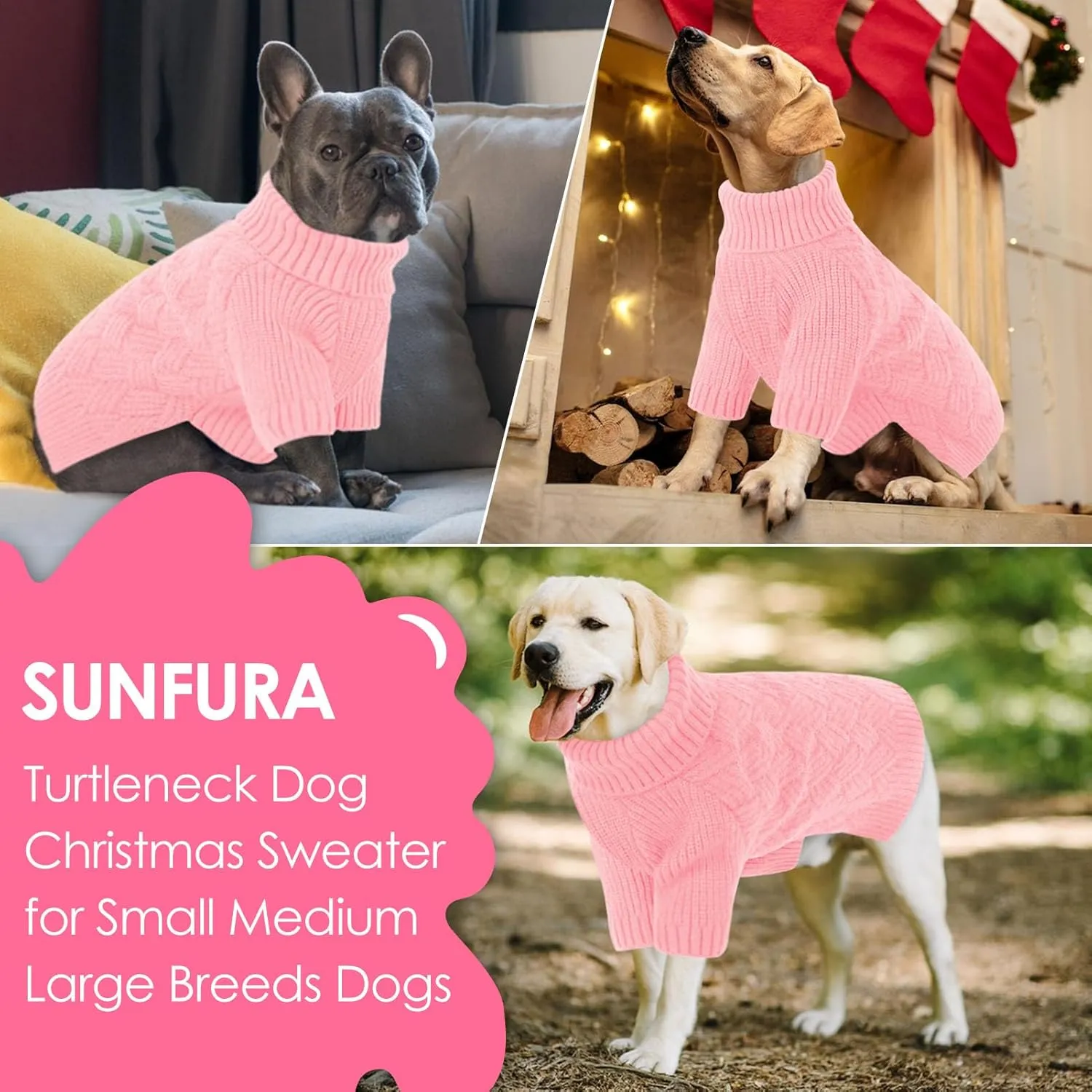 SUNFURA XS Dog Sweater, Small Dog Sweater Doggie Knitted Knitwear for Winter, Cat Pullover Christmas Sweatshirt for Yorkie Chihuahua, Warm Thick Turtleneck Clothes for Dogs Boy Girl, Pink XSmall