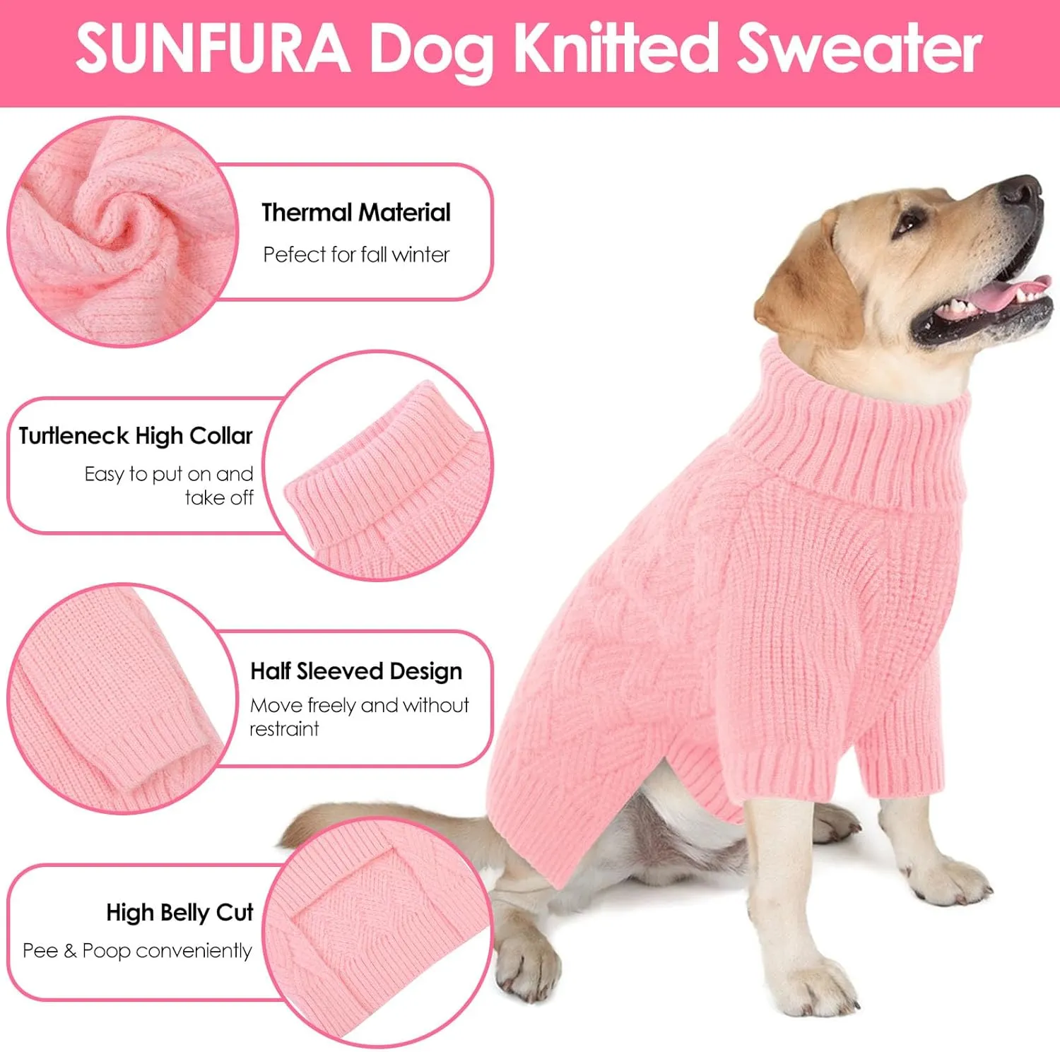 SUNFURA XS Dog Sweater, Small Dog Sweater Doggie Knitted Knitwear for Winter, Cat Pullover Christmas Sweatshirt for Yorkie Chihuahua, Warm Thick Turtleneck Clothes for Dogs Boy Girl, Pink XSmall
