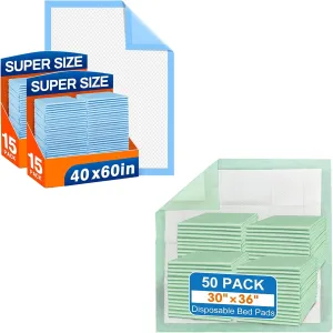 Total 80 Pads-Disposable Bed Pads 40"X60" (30pcs) and 30"X36" (50pcs) Extra Large Pee Pads for Incontinence Heavy Duty Super Absorbent Underpads Waterproof Chucks Pads for Adults,Elderly or Pets.